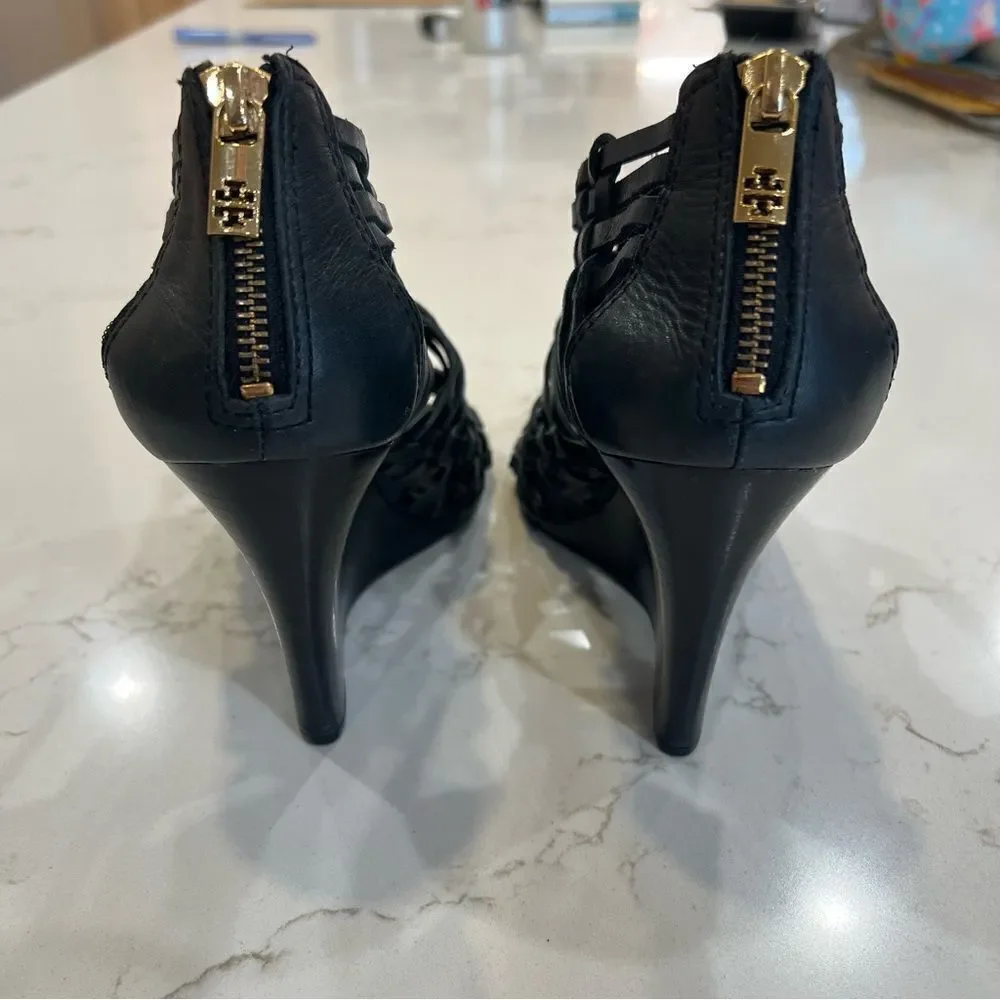 Tory Burch Black Leather Tevray Huarache Wedge Sandals